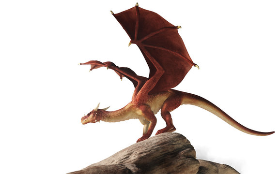 A huge red dragon is perched on a stone covered hill. Its wings spread, the monster of myth and legend looks to the side. On a white background. 3D Rendering