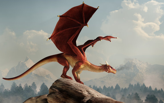 A huge red dragon is perched on a stone covered hill. Its wings spread, the monster of myth and legend looks out over a verdant valley. 3D Rendering