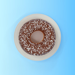Donut on a plate on a blue background. View from above. Minimal creative concept. 3d render illustration