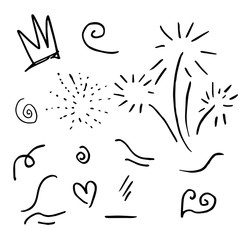 hand drawn set element,black on white background.love,sun,king,emphasis,swirl,for concept design