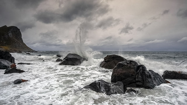 Waves crashing against rocks, Lofoten, Nordland, Norway