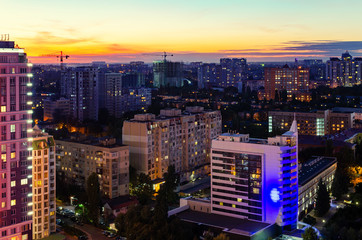 Odessa city, Ukraine, view from above on the evening city during sunset