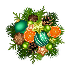 Vector Christmas decoration with green balls, fir-tree branches, pinecones, stars, oranges and gingerbread cookies isolated on a white background.