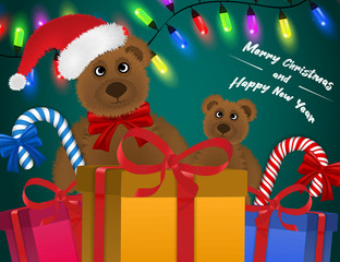 Teddy bear and colorful gift boxes Winter Banner Holiday New year Edition. Vector illustration objects isolated on background. For flyer, greeting cards, christmas sale with garland