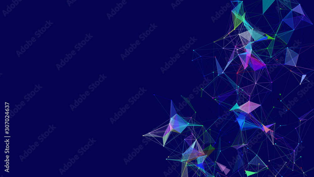 Poster Colored polygonal space. Connection dots and lines structure. Digital background. Triangular futuristic business wallpaper. Vector Illustration