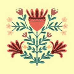 Card with folk flowers of green and brown colors drawn by hand, card or invitation, light background