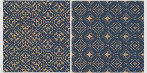 2 backgrounds, pattern design. Colors: dark blue, gold. Retro style. Vector.