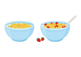 Cereal breakfast. Milk and sweet crunchy flakes with strawberry. Ceramic bowl with spoon. Healthy food for kids. Vector illustration