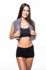 Fototapeta na wymiar Sporty and attractive fitness woman with towel isolated on white background