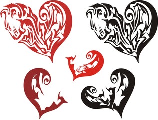 Ornate hearts symbols with lion and bird elements. Abstract red and black hearts created of lion and bird head for St. Valentine's Day