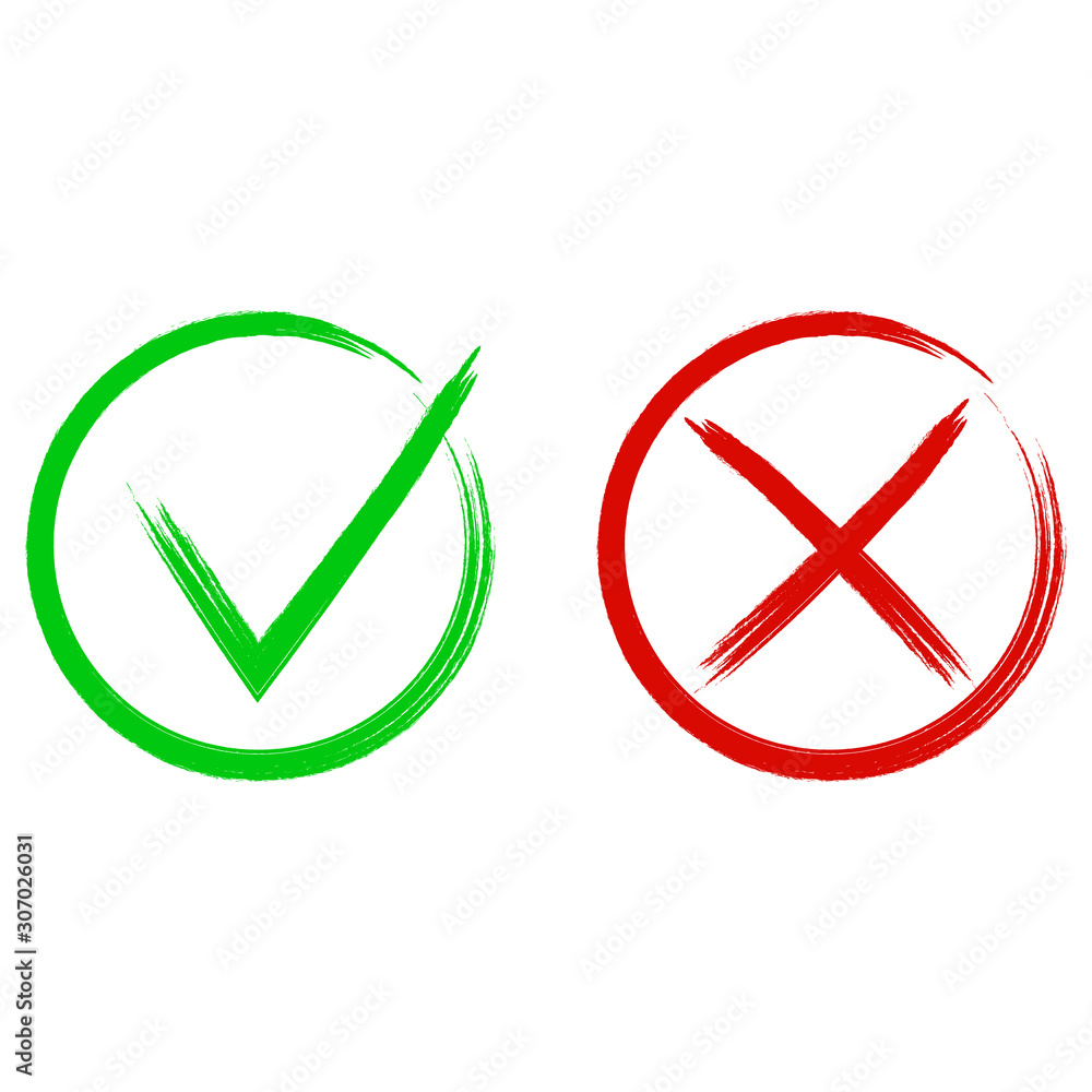 Poster check mark painted with brush in red and green colors. circle shape grunge style design. vector set