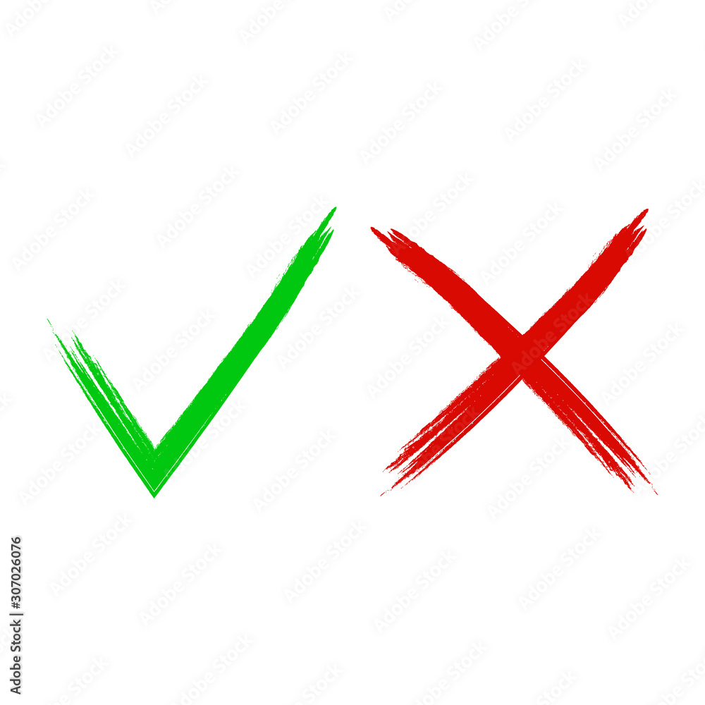 Poster check mark icon set in green and red. check box painted with a brush, isolated on white. red cross. 