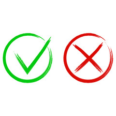 Check Mark Painted with Brush in Red and Green Colors. Circle Shape Grunge Style Design. Vector Set