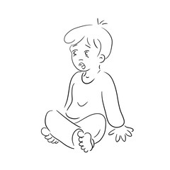 Junge sitzt im Schneidersitz barfuß am Boden, Arme stützen Oberkörper ab, er ist erschrocken oder überrascht, Logo Design, schwarzweiß, Kind, barefeet cute boy, layout, template, mockup, Vorlage  