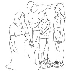pregnent mother and father measuring the current height of their daughter vector illustration sketch doodle hand drawn with black lines isolated on white background
