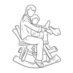 Fototapeta na wymiar mother riding wooden rocking horse with her son or daughter vector illustration sketch doodle hand drawn with black lines isolated on white background
