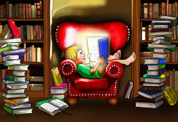 Boooaar...ist das gut!!! Lies mal wieder, Junge sitzt barfuß zwischen Bücherstapeln in Sessel, liest begeistert Buch, wird angeleuchtet, angestrahlt, Freude, Bücherregale Bibliothek um ihn herum.
