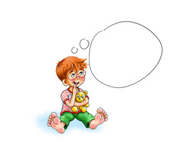 kleiner Junge mit Brille und Teddy sitzt nachdenklich am Boden, Beine weit von sich gestreckt, Denkblase über seinem Kopf, Finger an den Lippen, niedlich, Vorlage, template, cute barefeet boy