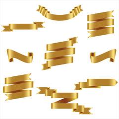 GOLD Ribbon Set In Isolated For Celebration And Winner Award Banner White Background, Vector Illustration