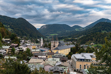 Fototapeta na wymiar Aerial view of Berchtesgaden cityscape on a cloudy day in autumn, Bavaria, Germany