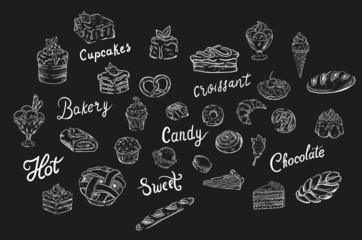 Essenssymbole Set, Süßigkeiten, Bonbons, lecker, Bäckerei, Eis, Schokolade, Kuchen, Wischcreme. Weiße Kreideillustration auf Tafel
