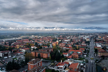 aerial view of torino Turin in autumn with the mountains and clouds at the horizon