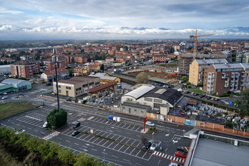 aerial view of torino Turin in autumn with the mountains and clouds at the horizon