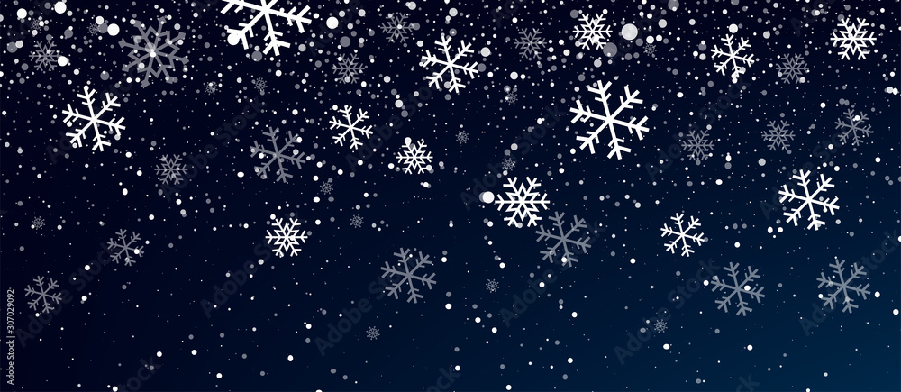 Wall mural snow. realistic snow overlay background. snowfall, snowflakes in different shapes and forms. snowfal