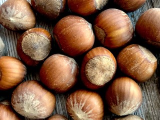 hazelnuts on wooden background