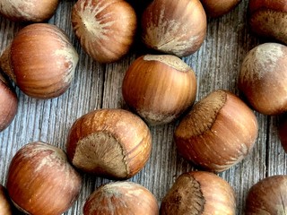 hazelnuts on wood background