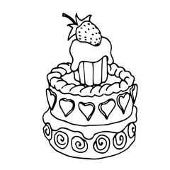 decorated cake with strawberries, meringue, hearts and cream, Valentine's day dessert, vector illustration with black contour lines isolated on white background in Doodle and hand drawn style