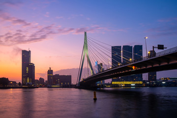 Fototapeta na wymiar Rotterdam Skyline with Erasmusbrug bridge in the morning, Netherlands.