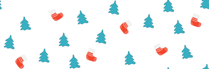Pine trees and xmas stockings, seamless vector pattern on white background