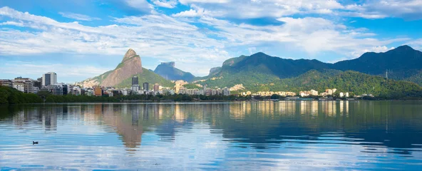 Poster Beautiful view of Rodrigo de Freitas Lagoon with Two Brothers Mountain and Gavea Stone in the background - Rio de Janeiro, Brazil © Nido Huebl