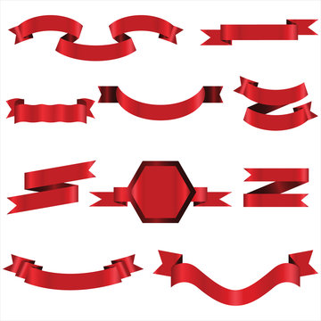 Red Ribbon Set In Isolated For Celebration And Winner Award Banner White Background