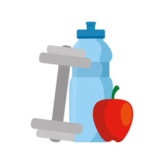 dumbbell with bottle water and apple vector illustration design