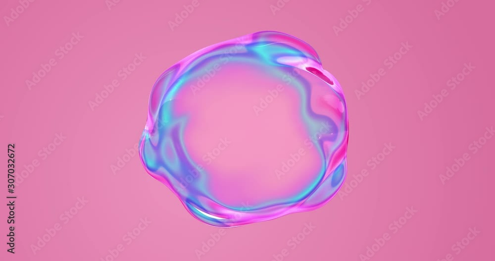 Aufkleber Soap bubble with color gradient on iridescent pink background. Water drop or soap bubble with distorted abstract shape edges