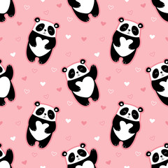 Cute pandas seamless pattern, hearts, valentines day. Print for textile, fabric, wallpaper, paper. Vector illustration for children.