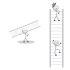 set of stick man climbing up stairs isolated on white background, success concept