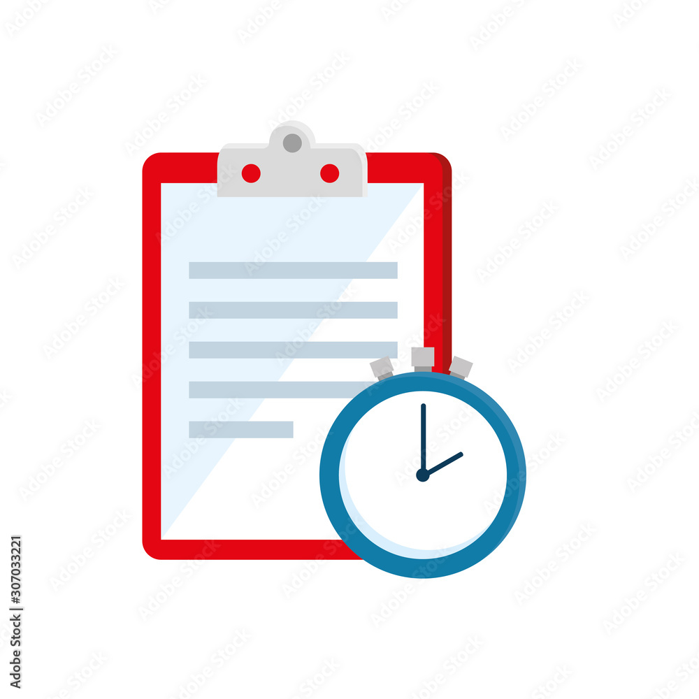Poster clipboard with paper document and chronometer time vector illustration design