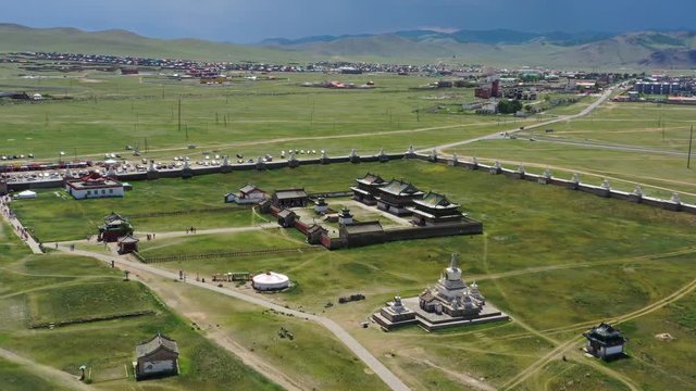 Aerial view of the Kharkhorin Erdene Zuu Monastery in Kharkhorin (Karakorum), Mongolia. Karakorum was the capital of the Mongol Empire between 1235 and 1260, 4k