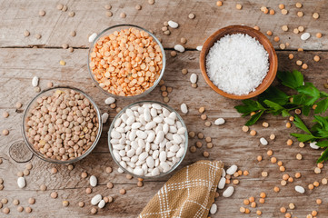 Dried lentils on a wooden table top