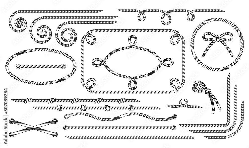Wall mural rope. set of various decorative rope elements. frames, laces, knots and decorations. nautical rope,  - Wall murals