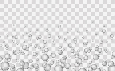 Air bubbles on transparent background. Underwater air bubbles, fizzy water or soap foam texture. Effervescent drink.  Isolated. Vector illustration