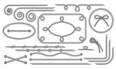 Rope. Set of various decorative rope elements. Frames, laces, knots and decorations. Nautical rope, shoe lacing, decorative binding of paper and fabric. Isolated black outline. Vector illustration - obrazy, fototapety, plakaty