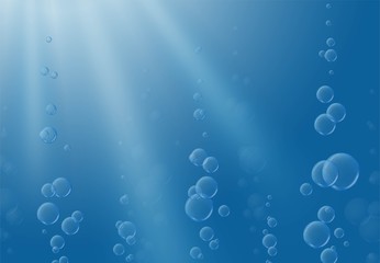 Underwater air bubbles on  blue background. Water background with sunlight and vertical streams of air bubbles. Texture of the sea, aquarium, pond. Vector illustration