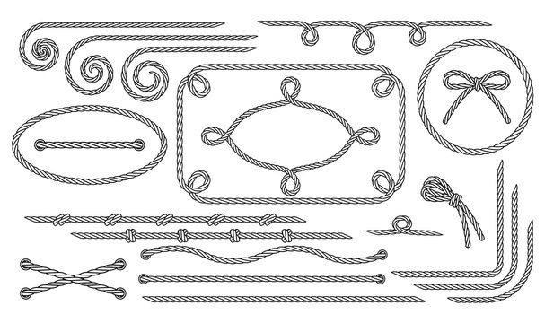 Rope. Set of various decorative rope elements. Frames, laces, knots and decorations. Nautical rope, shoe lacing, decorative binding of paper and fabric. Isolated black outline. Vector illustration
