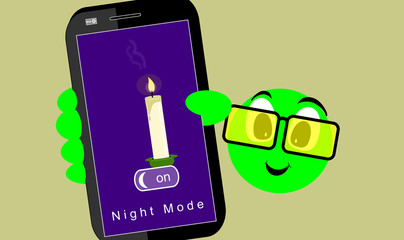 Illustration, green doll showing the mobile screen.. Happiness expression on the face of the drawing character. App with dark mode, night, activated, lit by a lit candle. Technological option.