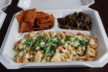 Chicken Shawarma Jasmine Rice Platter with Pita Chips and Mujadarra