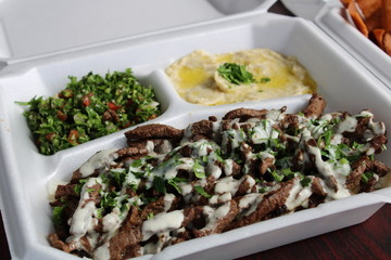 Beef shawarma Platter with Tabbouleh and Hummus